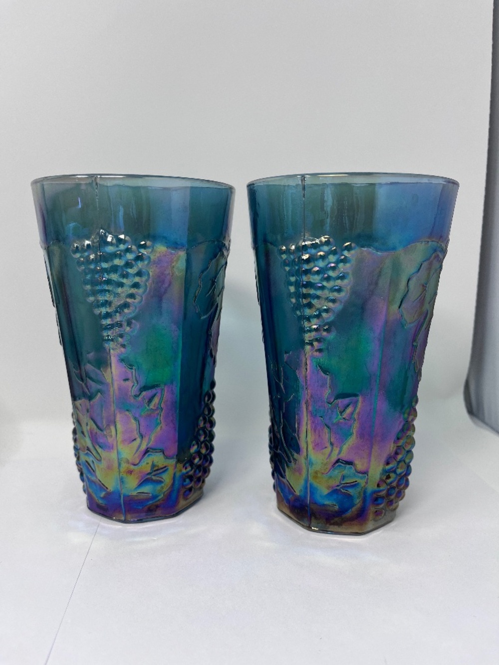 Pair Vintage Indiana Glass Iridescent Blue Carnival Glass Grape Harvest glasses
